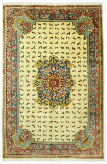 7x10 Ivory and Green Turkish Silk Rug