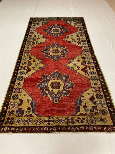 4x9 Gold and Red Turkish Tribal Rug