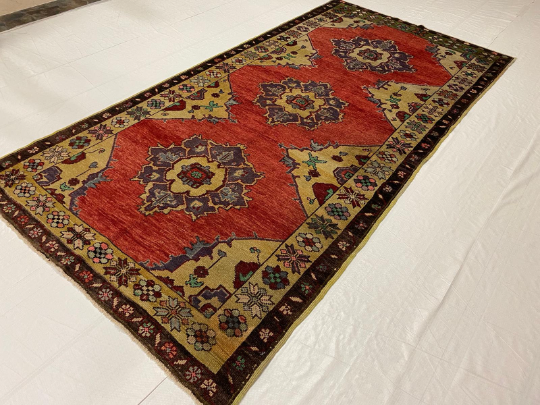 4x9 Gold and Red Turkish Tribal Rug