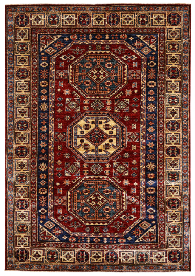 5x9 Beige and Red Kazak Tribal Rug