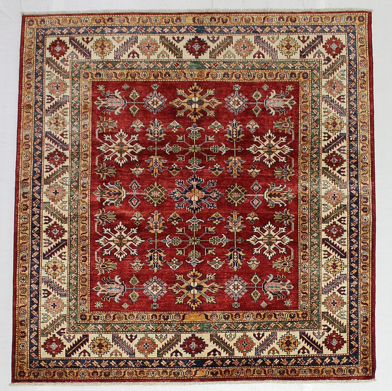 Vintage Handmade 6x6 Red and Ivory Anatolian Caucasian Tribal Distressed Area Rug