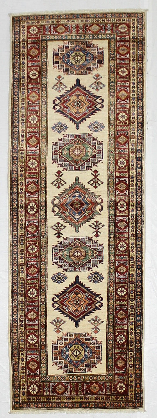 3x8 Ivory and Red Kazak Tribal Runner
