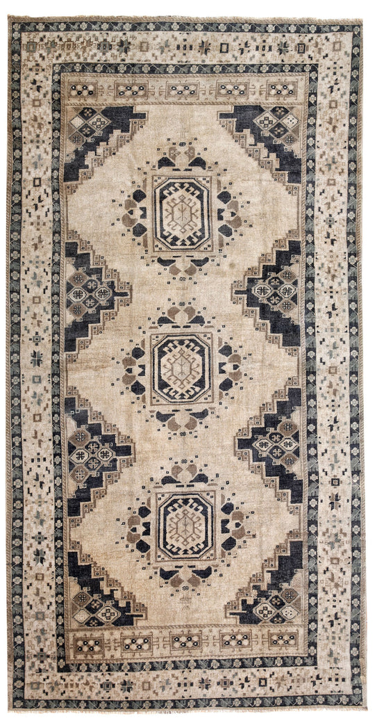 6x11 Ivory and Green Turkish Tribal Rug